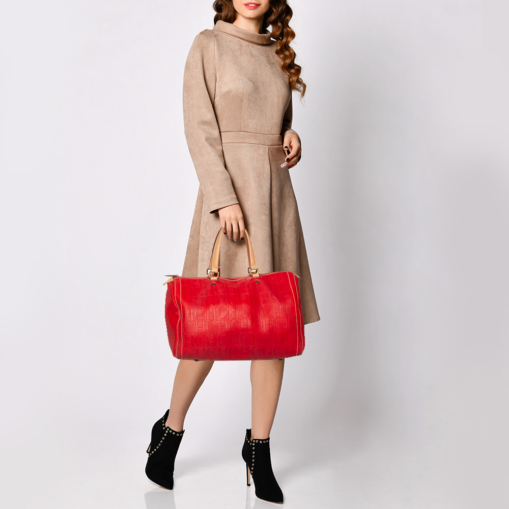 

Carolina Herrera Red Monogram Leather Large Andy Boston Bag