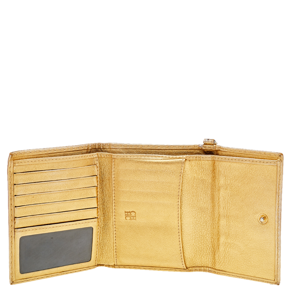 

Carolina Herrera Metallic Gold Monogram Leather Tassel Trifold Wallet