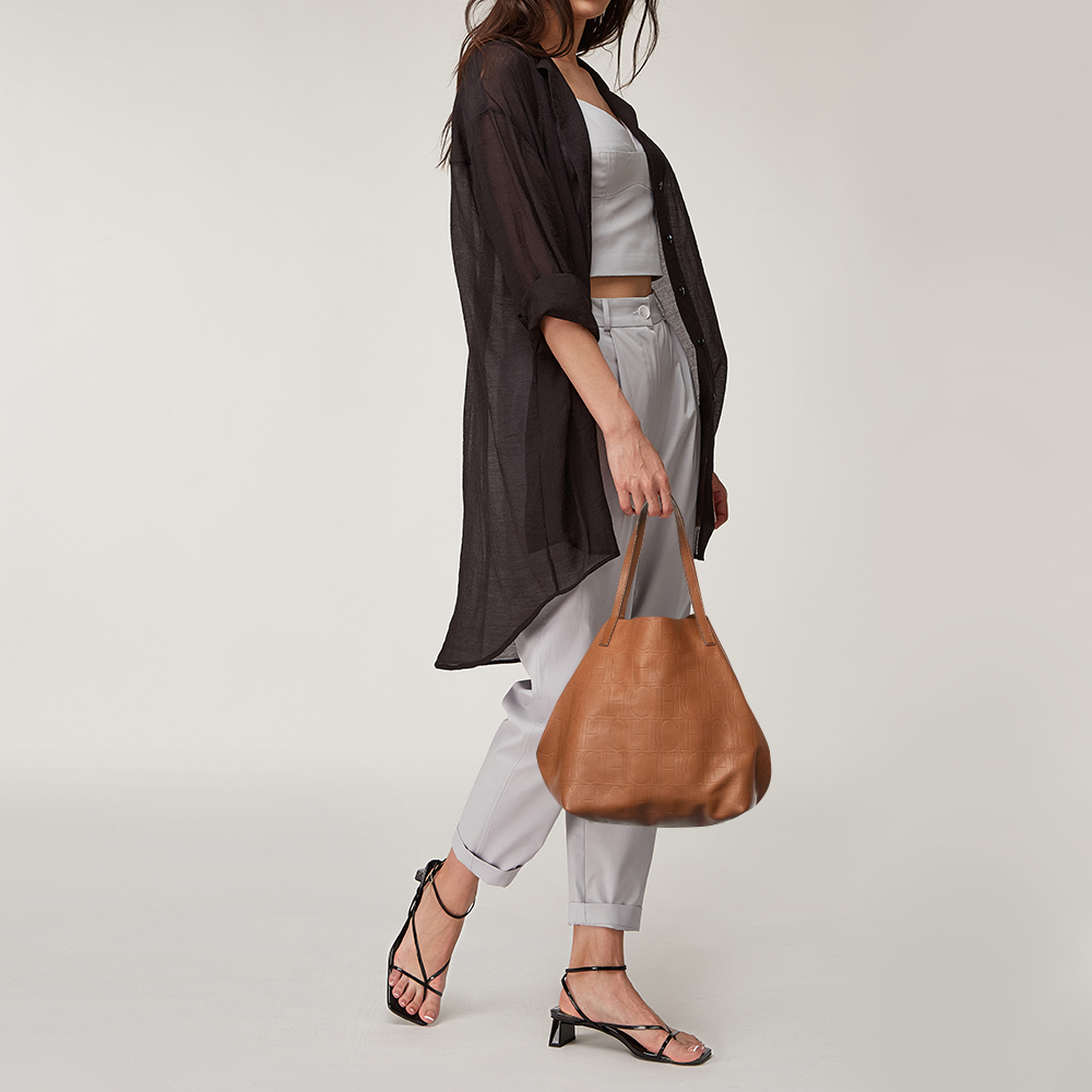 

Carolina Herrera Brown Monogram Embossed Leather Tote