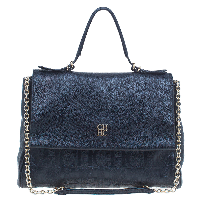 Pre Owned Carolina Herrera Black Leather Minueto Flap Bag