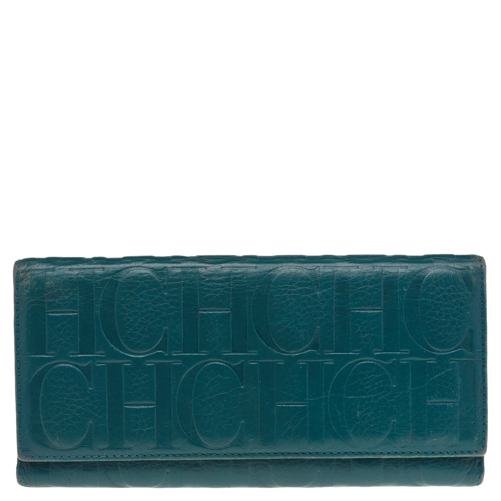 

Carolina Herrera Green Monogram Embossed Leather Flap Continental Wallet