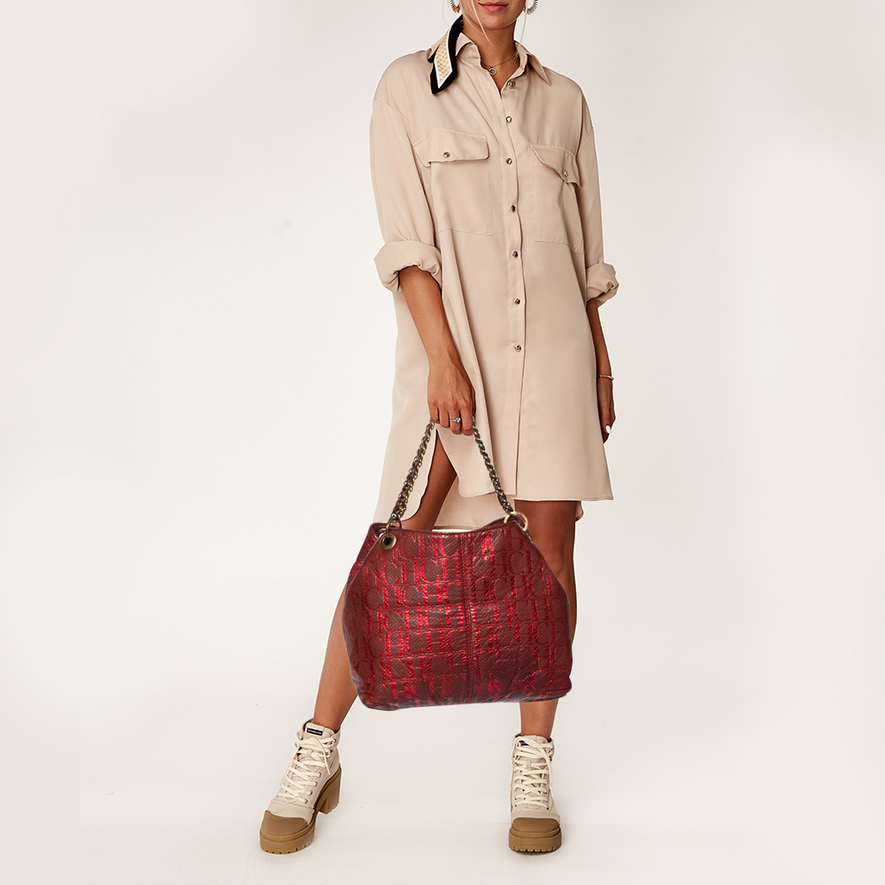 

Carolina Herrera Red/Burgundy Monogram Leather Chain Tote