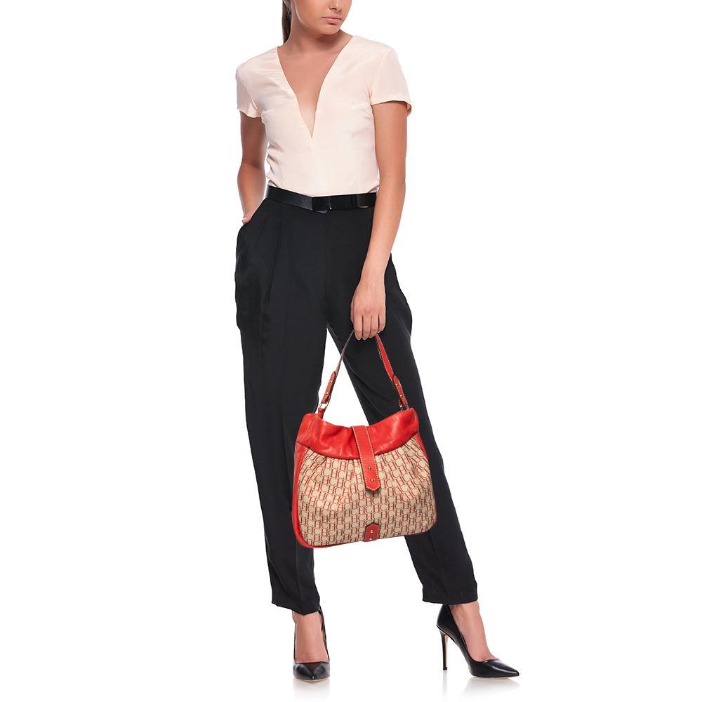 

Carolina Herrera Red/Off White Monogram Canvas and Leather Hobo
