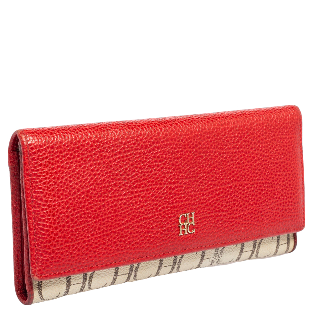 

Carolina Herrera Beige/Red Monogram Coated Canvas and Leather Continental Wallet