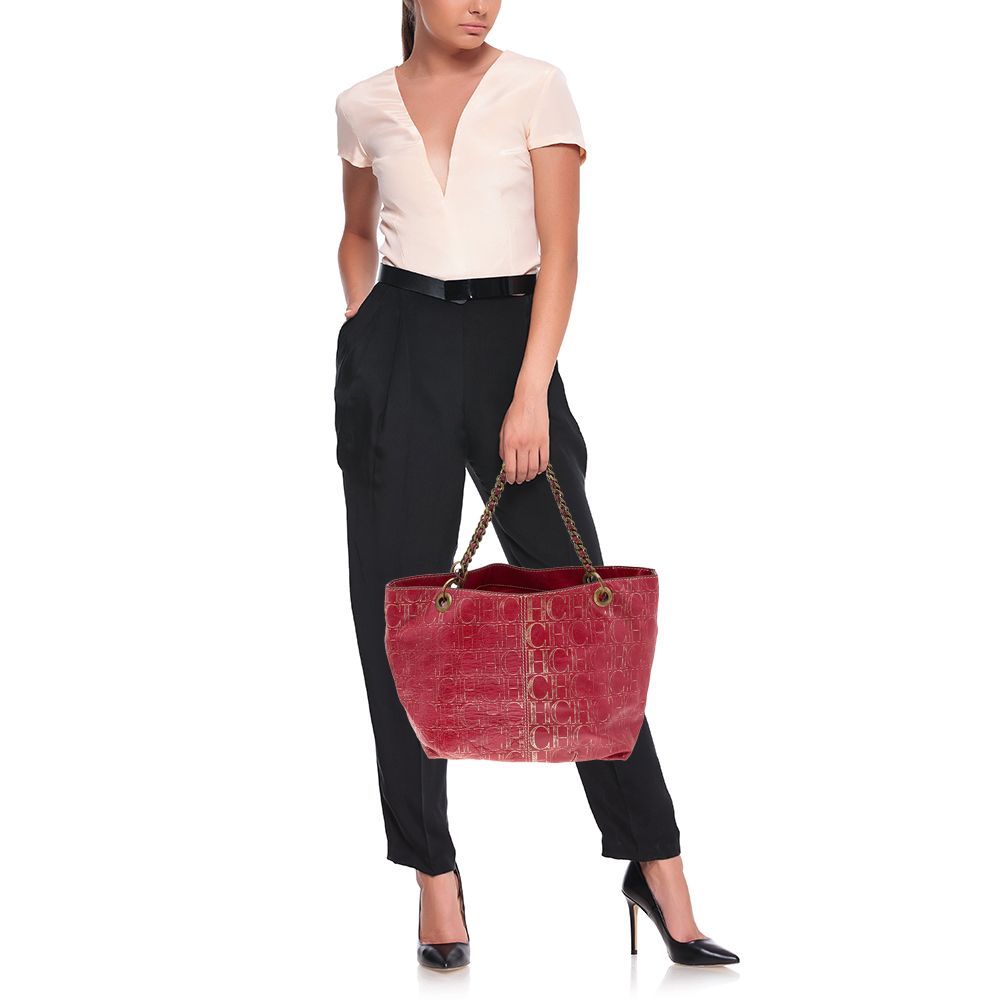 

Carolina Herrera Red/Gold Monogram Embossed Leather Chain Tote