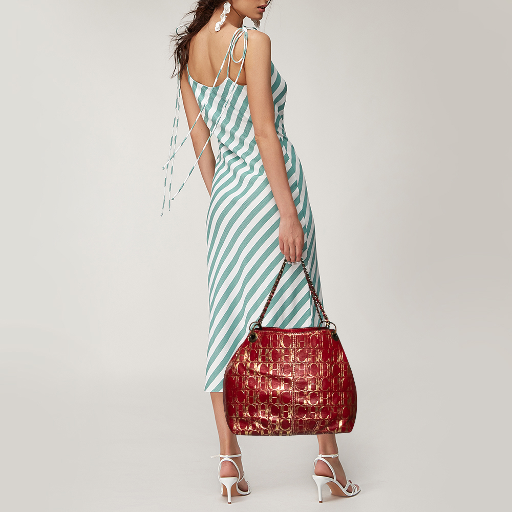 

Carolina Herrera Red/Gold Monogram Leather Chain Tote