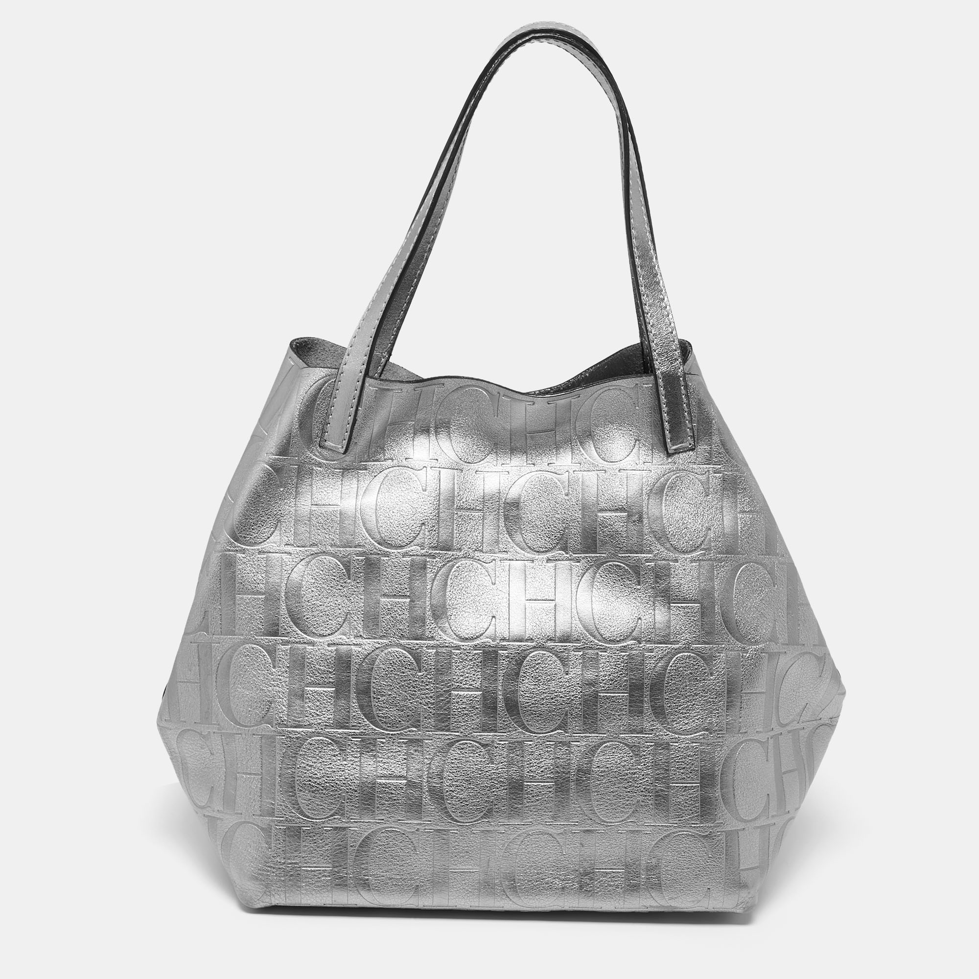 Pre Owned Carolina Herrera Metallic Silver Monogram Leather Matryoshka Tote