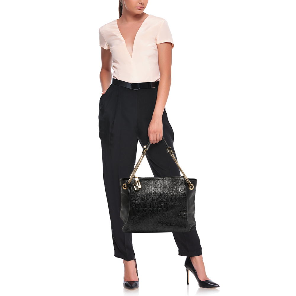 

Carolina Herrera Black Monogram Embossed Leather Zip Shoulder Bag