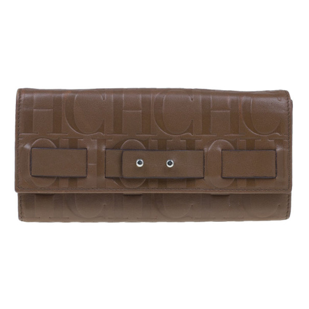 Pre Owned Carolina Herrera Brown Monogram Embossed Contential Flap Wallet