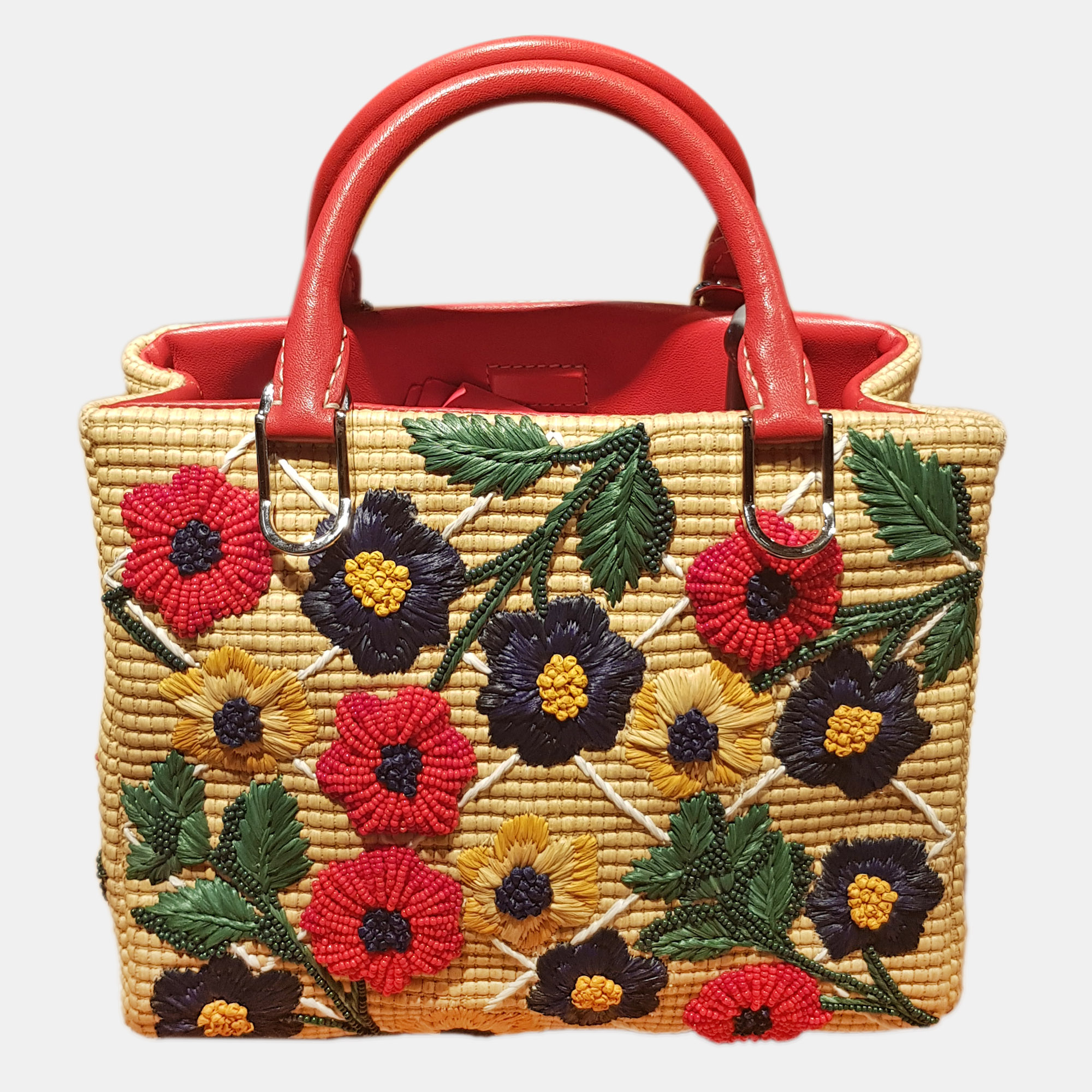 

CH Carolina Herrera Multicolor Woven Raffia and Leather Beaded Tote