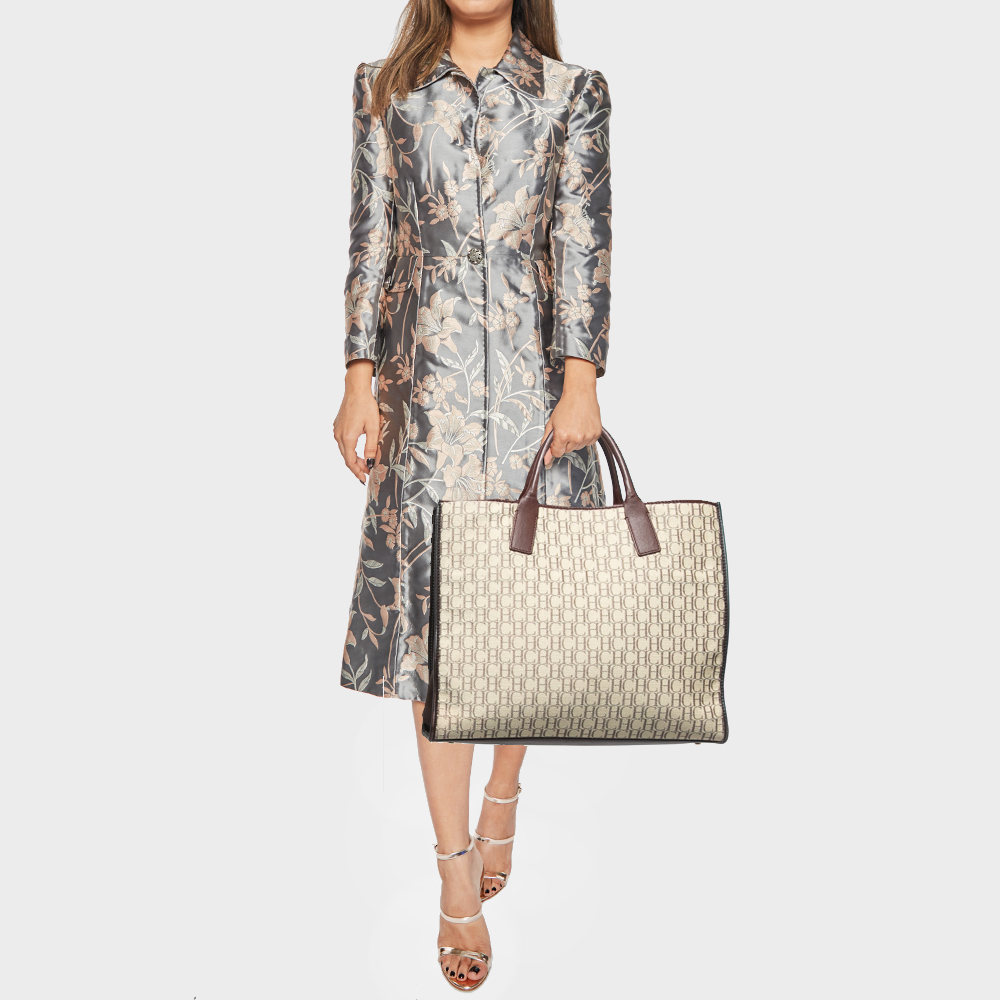 

Carolina Herrera Beige/Brown Monogram Canvas and Suede Tote