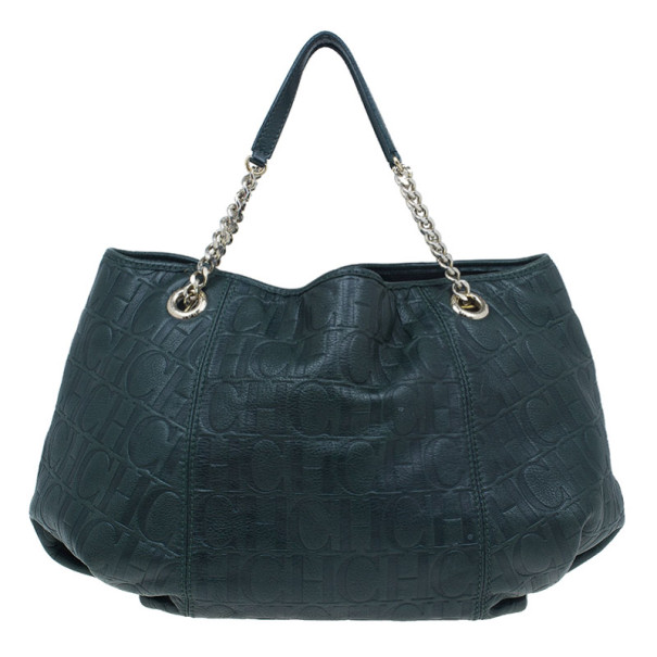 Pre Owned Carolina Herrera Green Monogram Embossed Dahlia Hobo