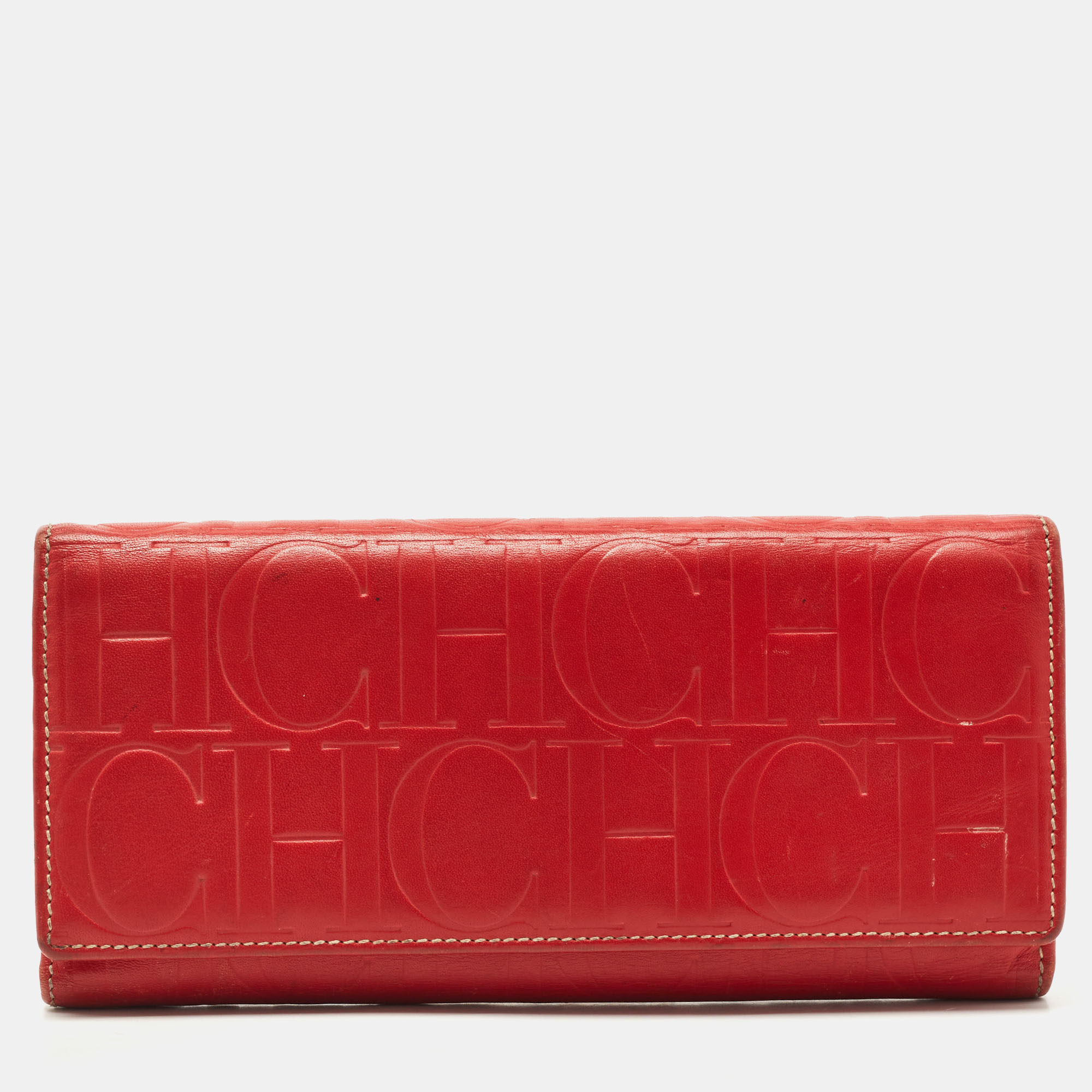Pre-owned Carolina Herrera Red Monogram Embossed Leather Flap Continental Wallet