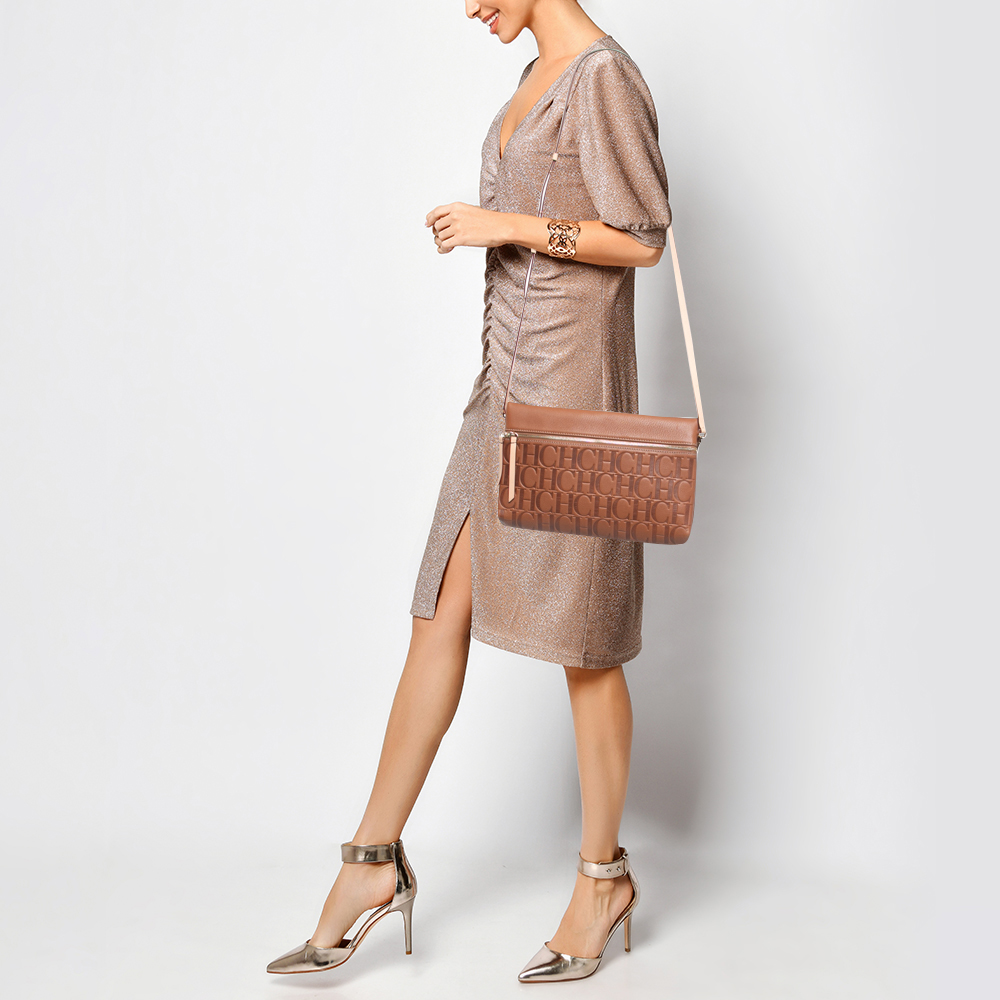 

Carolina Herrera Brown Signature Embossed Leather Zip Crossbody Bag