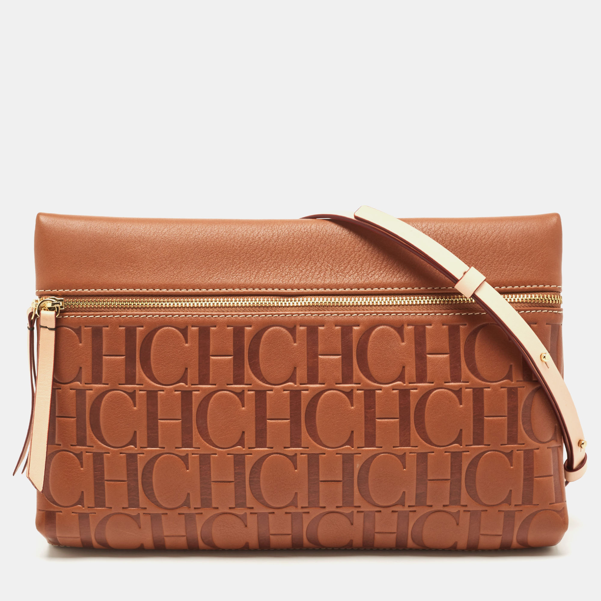 Pre Owned Carolina Herrera Brown Signature Embossed Leather Zip Crossbody Bag