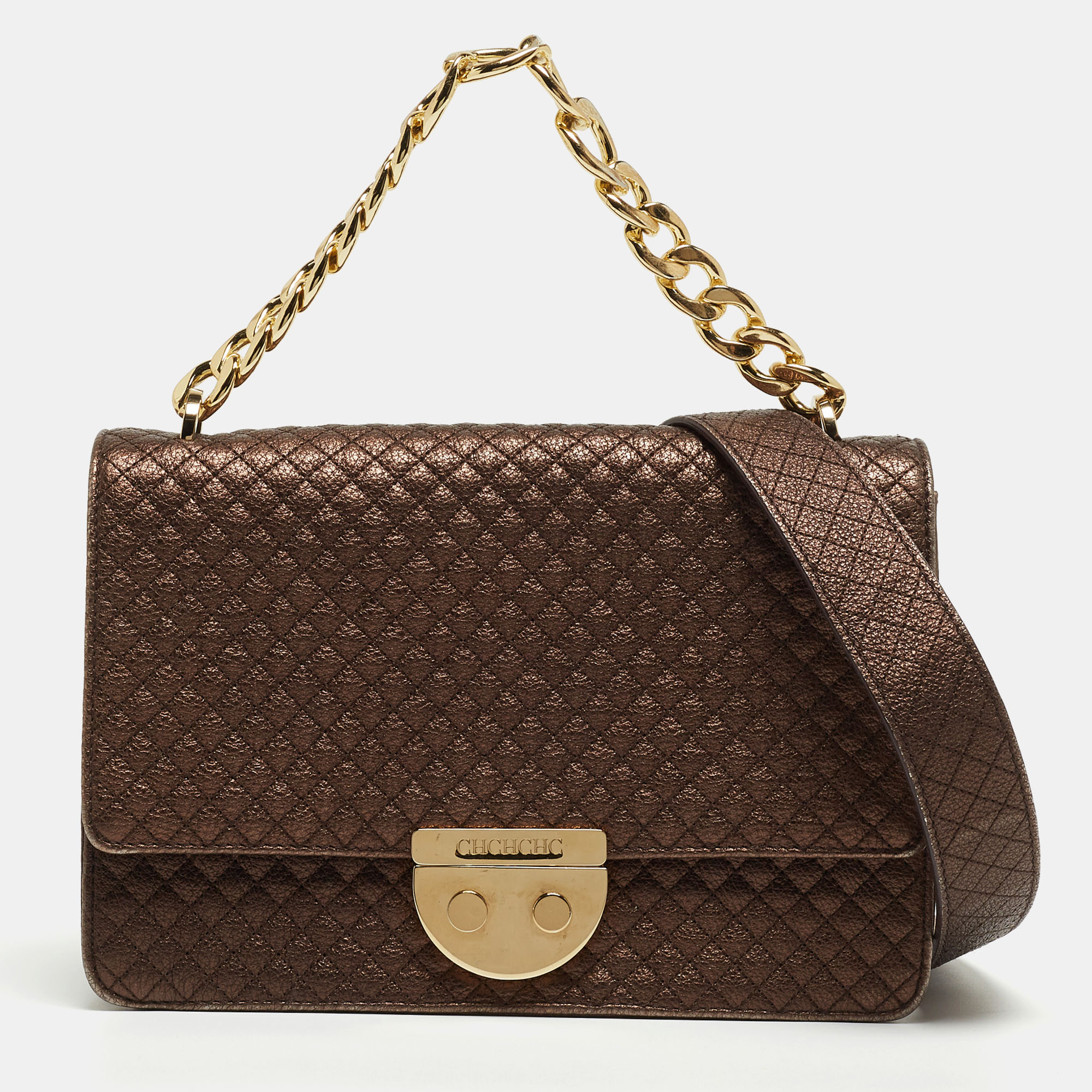 

Carolina Herrera Metallic Brown Quilted Leather Chain Detail Top Handle Bag