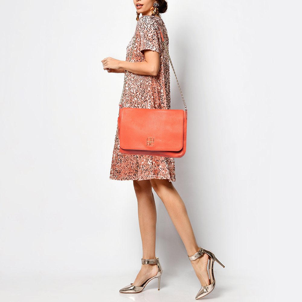 

Carolina Herrera Orange Pebbled Leather Tassel Flap Shoulder Bag