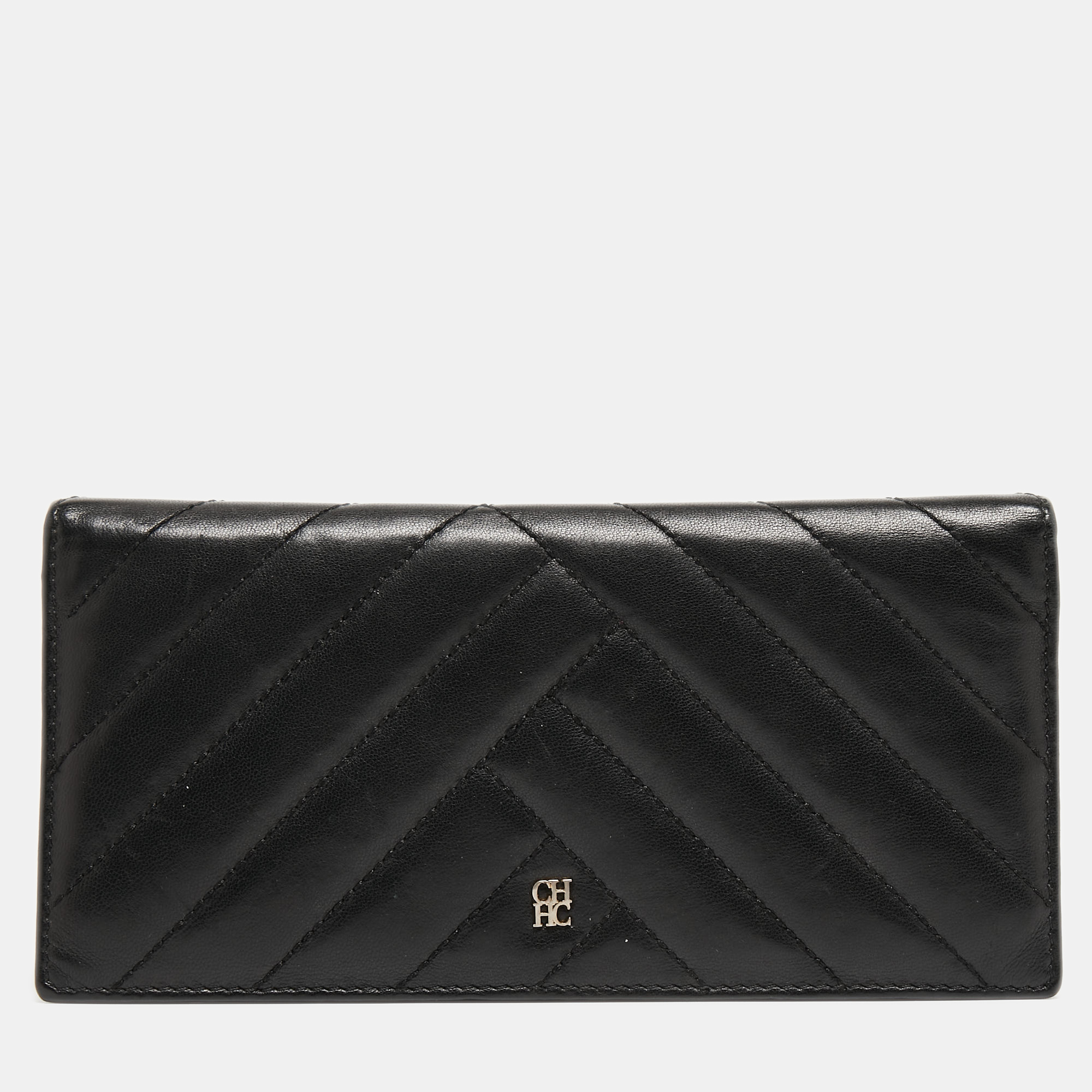 Pre-owned Carolina Herrera Black Chevron Quilted Leather Bifold Continental Wallet