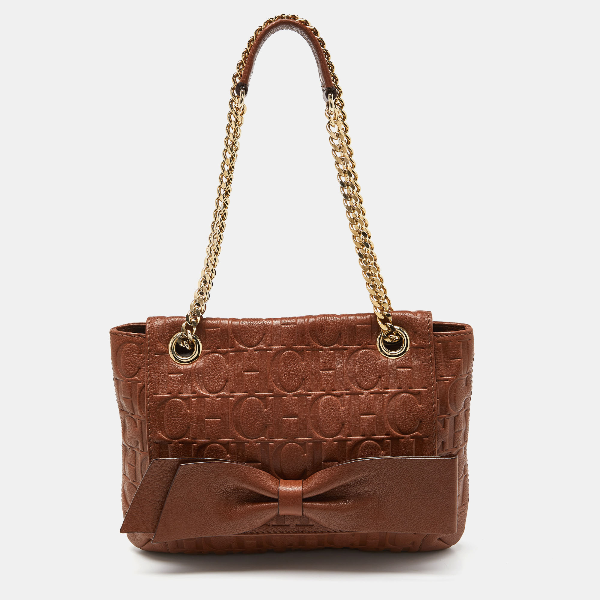 Pre-owned Carolina Herrera Brown Monogram Leather Audrey Shoulder Bag