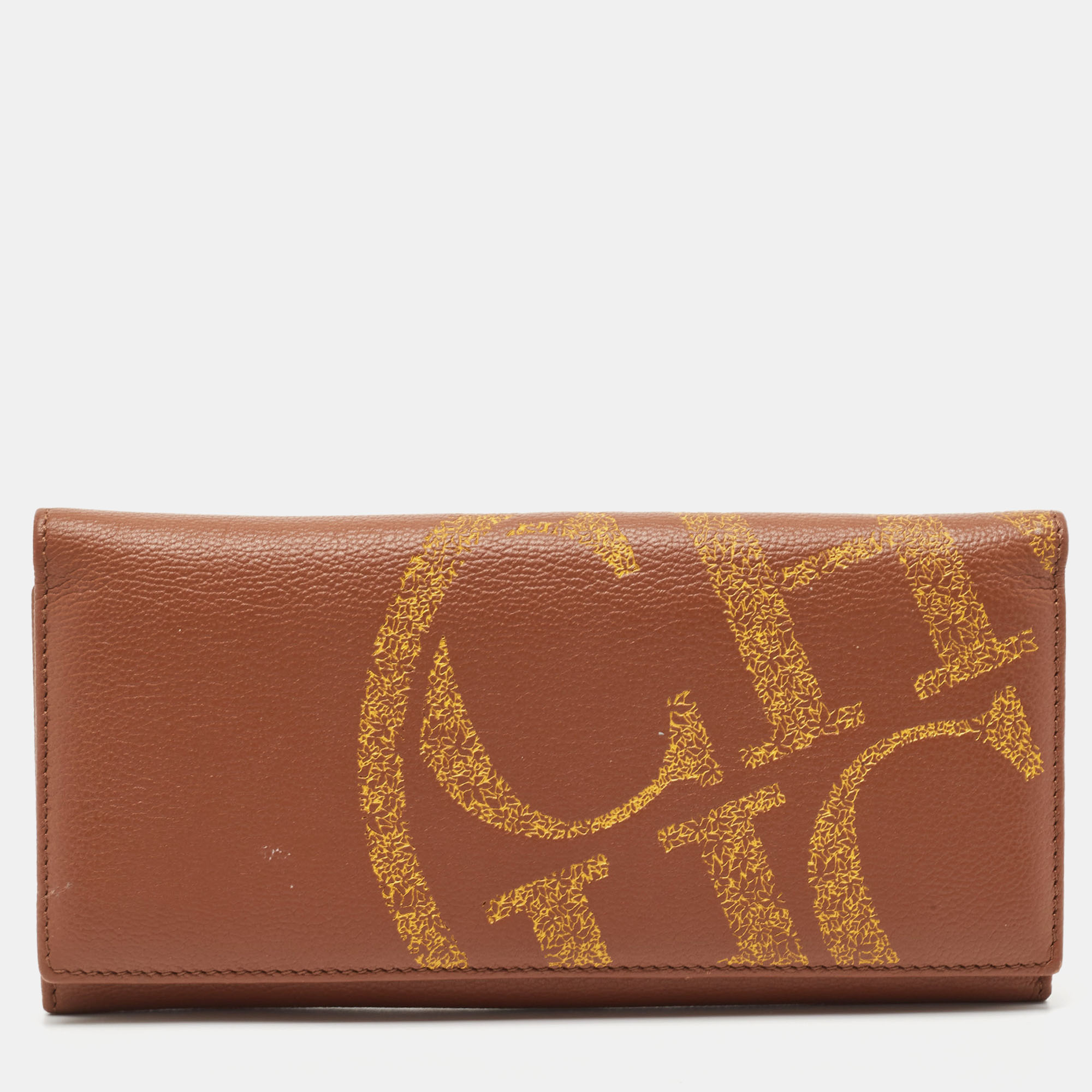 Pre-owned Carolina Herrera Brown Leather Logo Print Continental Wallet