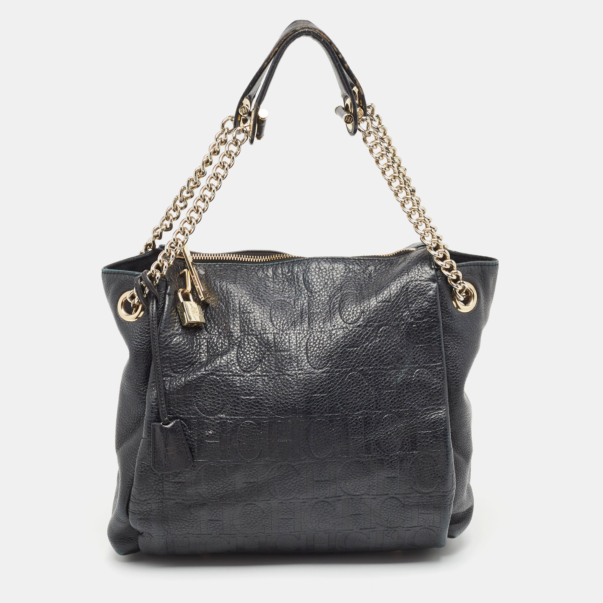 

Carolina Herrera Black Monogram Embossed Leather Chain Bag
