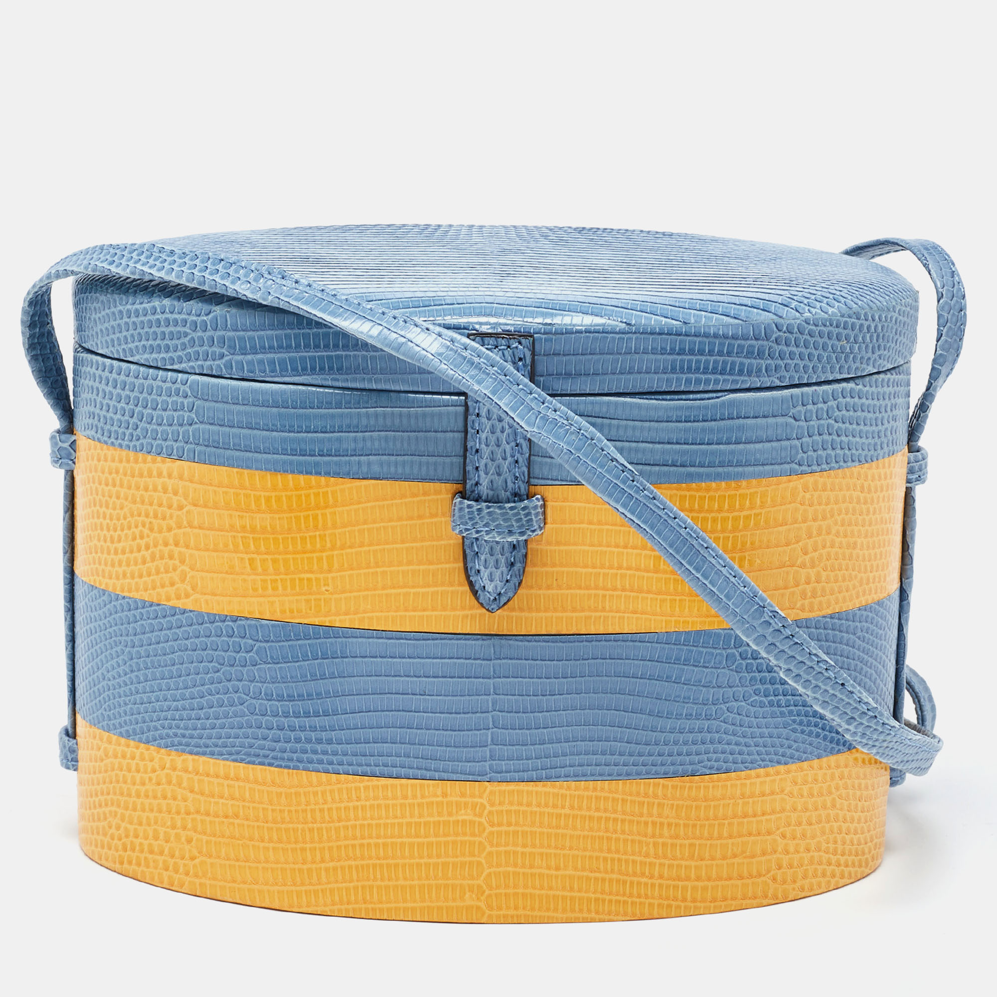 Pre-owned Carolina Herrera Blue/yellow Lizard Stripe Trunk Bag