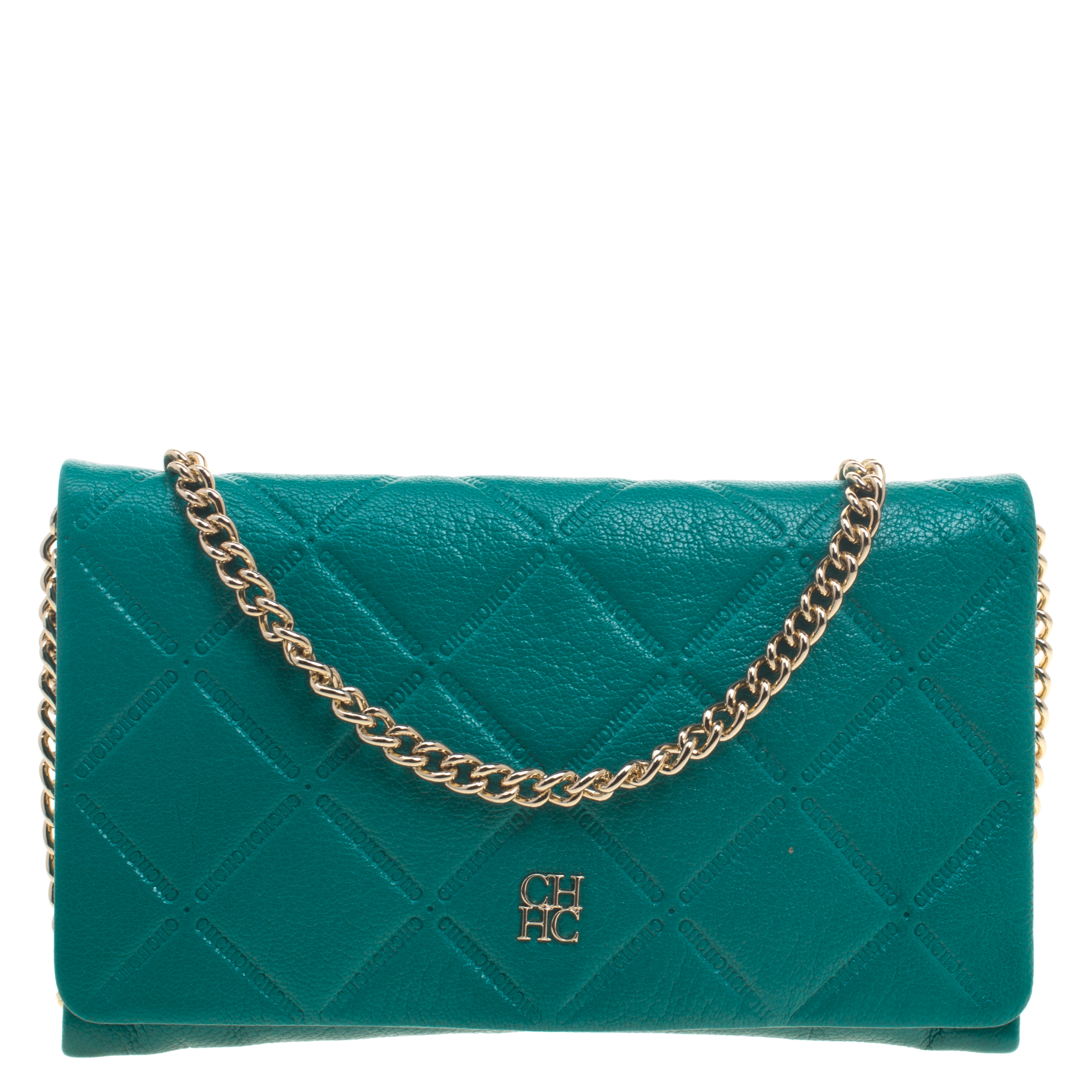 Pre Owned Carolina Herrera Green Quilted Embossed Leather Chain Clutch