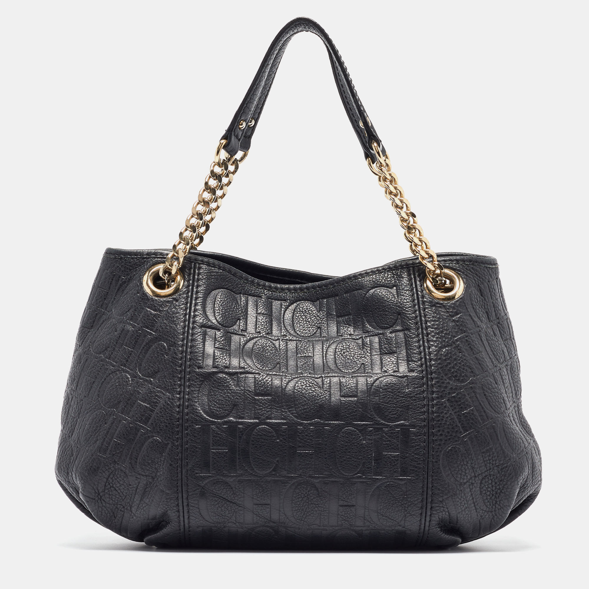 

Carolina Herrera Black Monogram Embossed Leather Chain Hobo