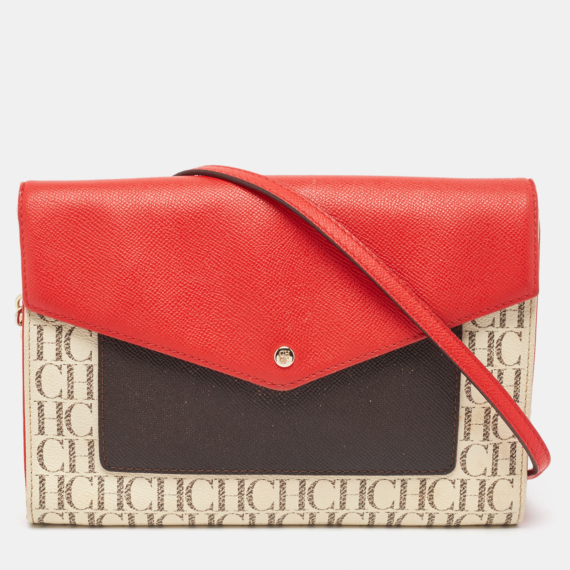 

Carolina Herrera Red/Brown Signature Coated Canvas and Leather Envelope Flap Bag