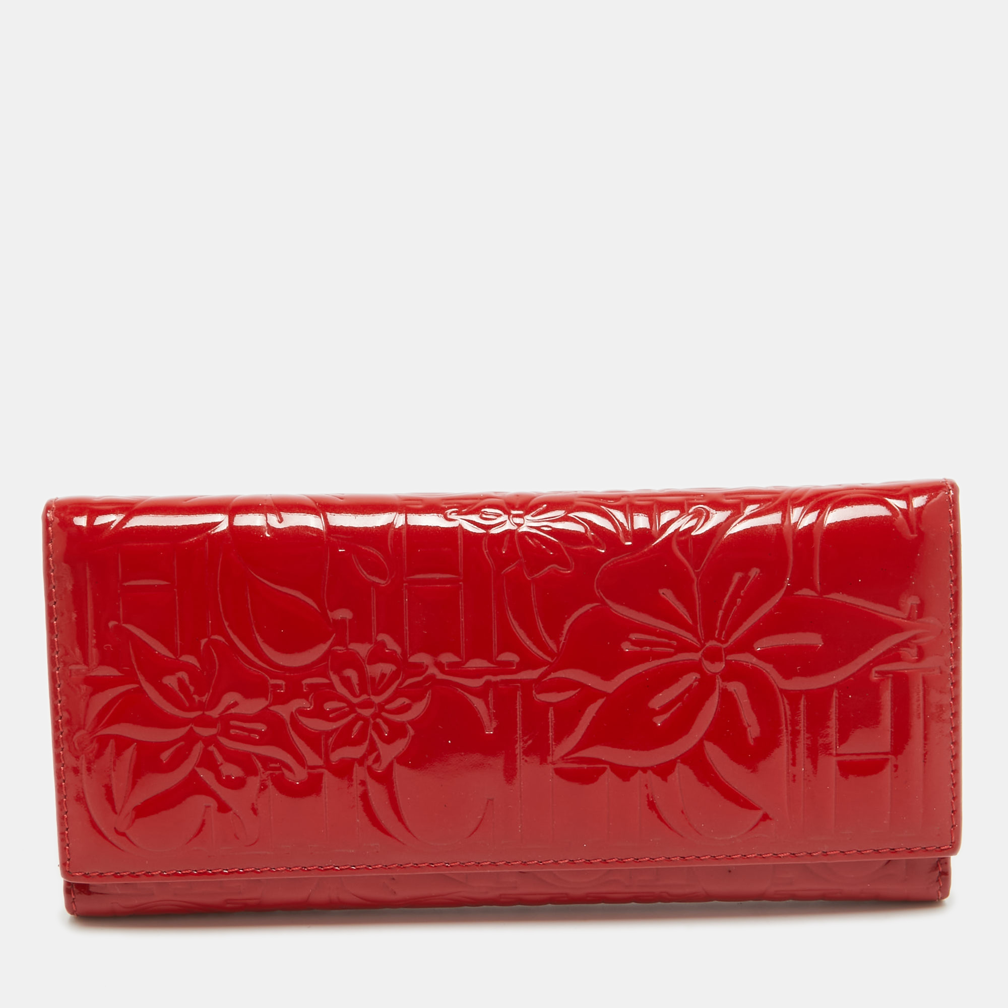 Pre-owned Carolina Herrera Red Embossed Patent Leather Flap Continental Wallet