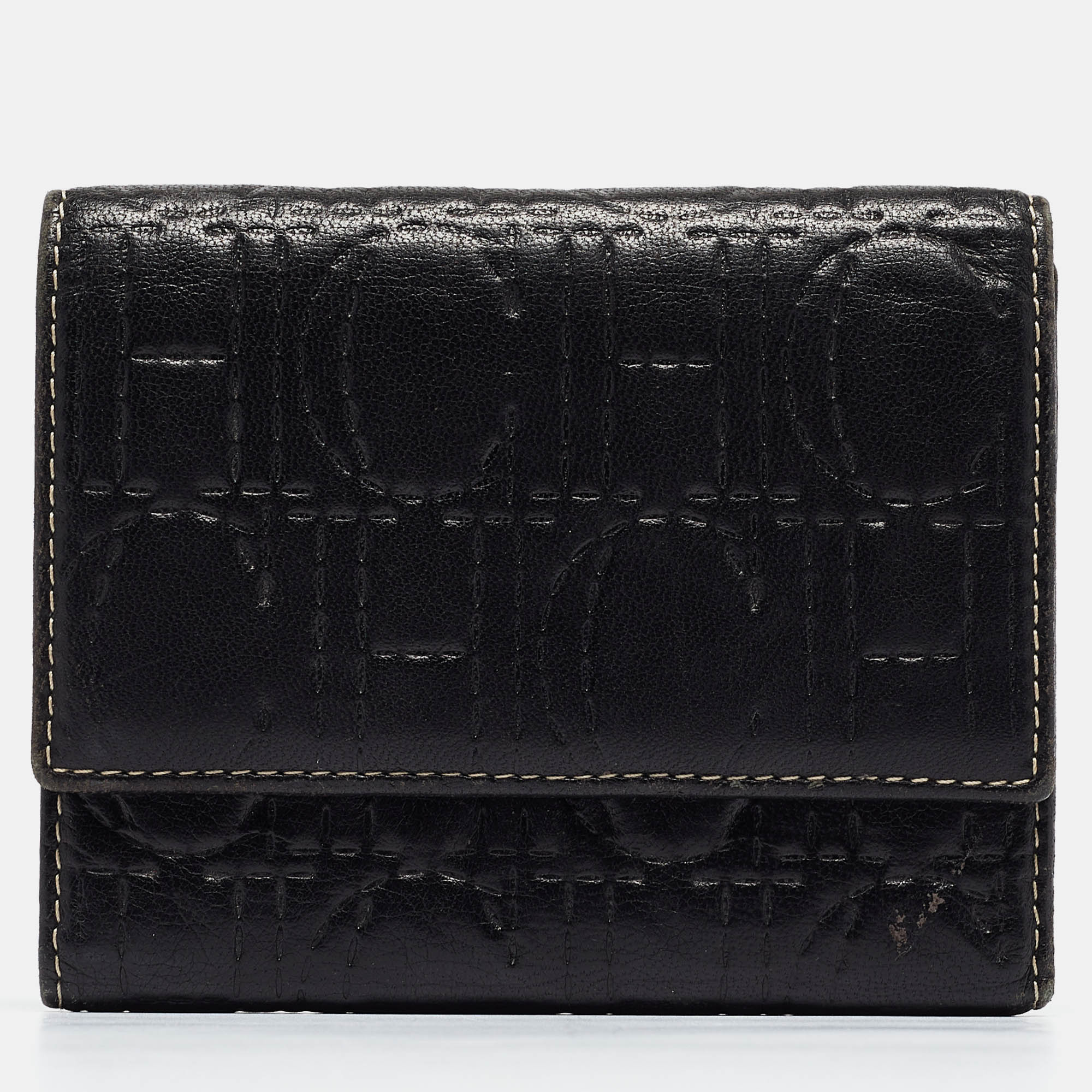 Pre-owned Carolina Herrera Dark Brown Logo Embossed Leather Trifold Wallet
