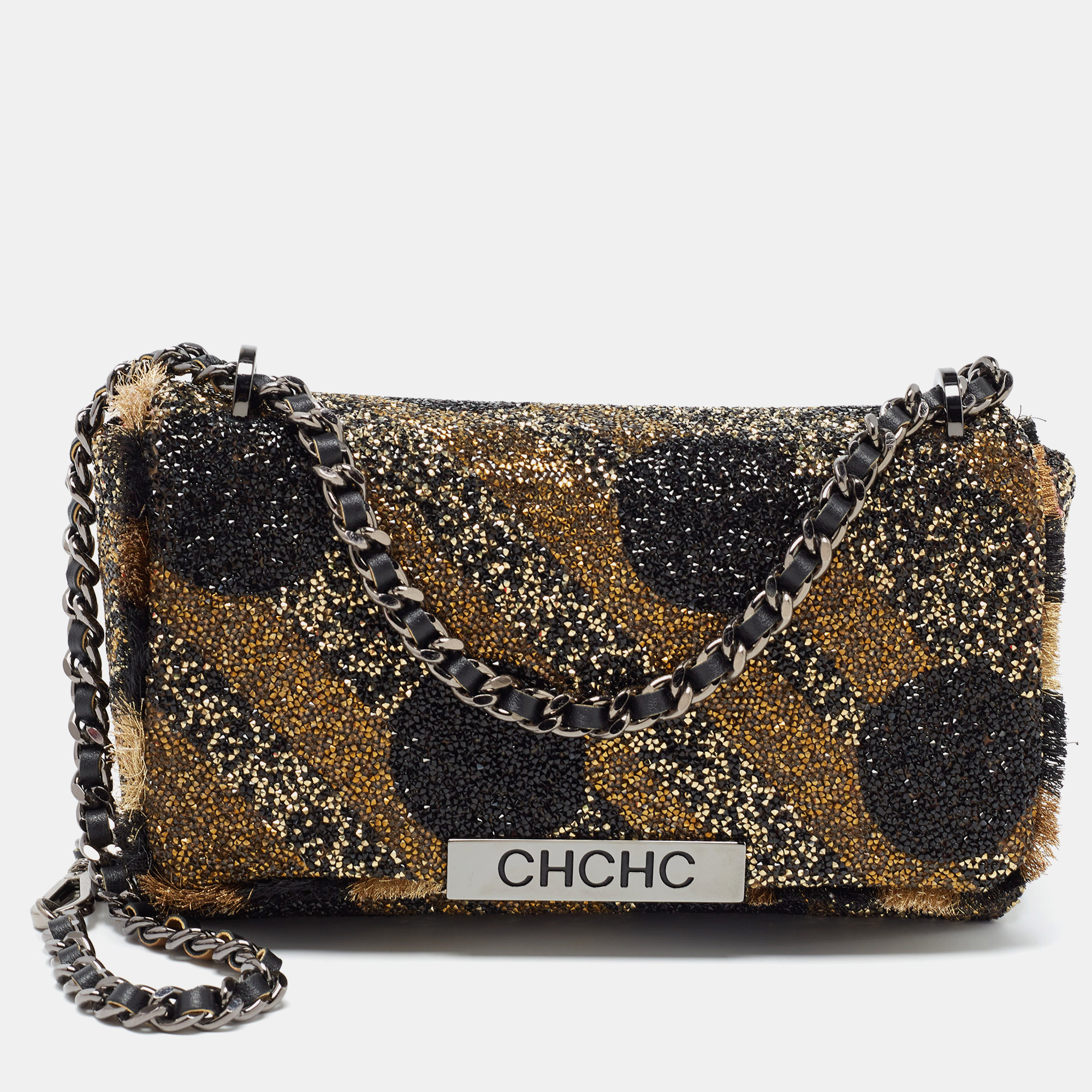 

Carolina Herrera Gold/Black Rhinestone CH Metal Flap Bag