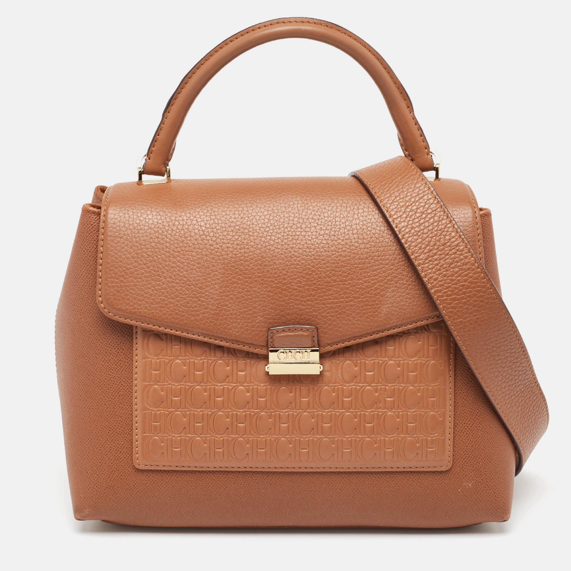 Carolina Herrera Brown Monogram Embossed Leather Push Lock Top Handle Bag