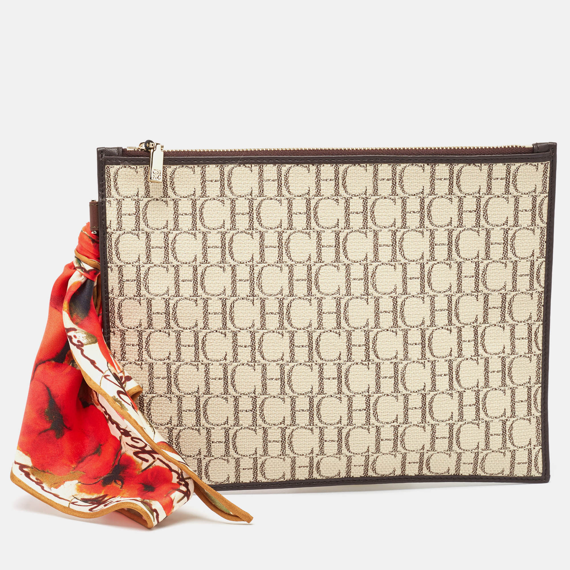 

Carolina Herrera Brown/Beige Monogram Canvas Continental Zip Pouch with Scarf