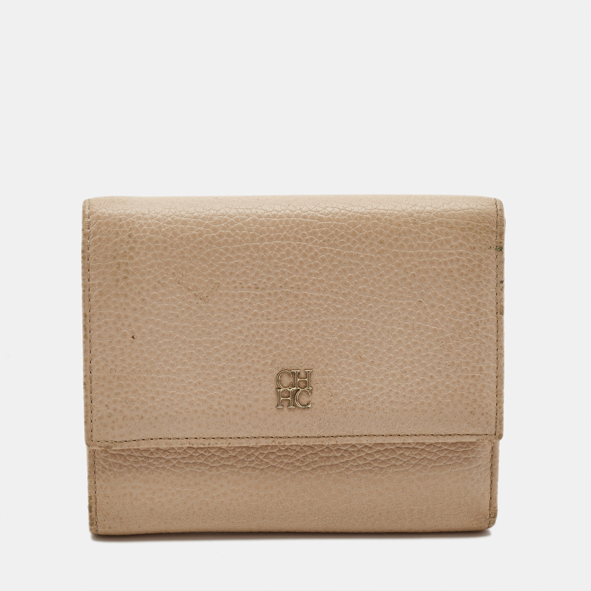 Pre-owned Carolina Herrera Peach Leather Logo Trifold Wallet In Orange
