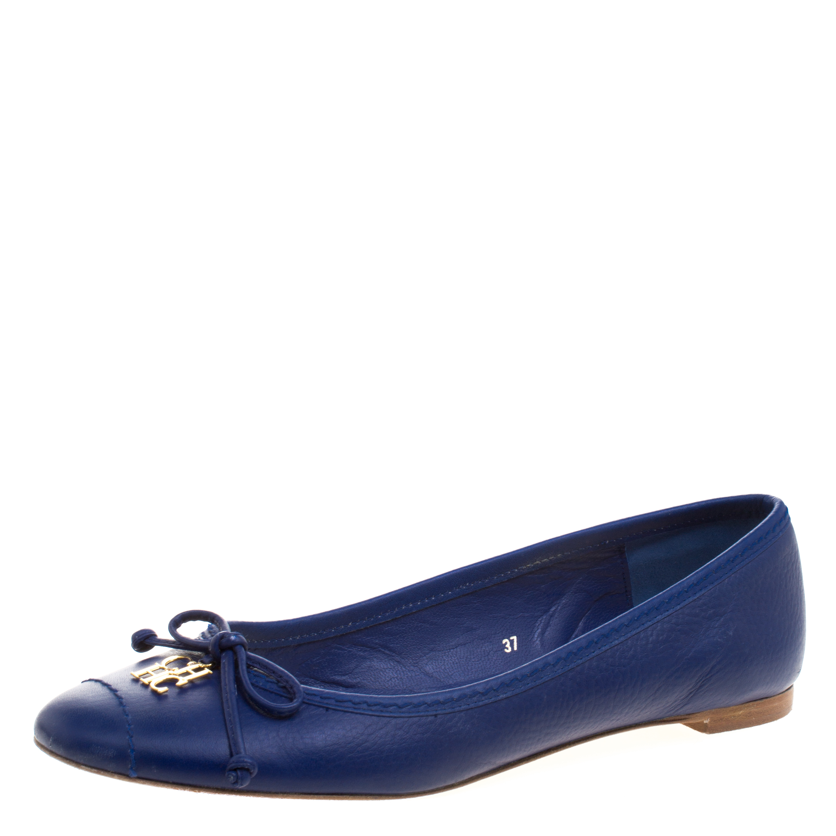 Pre Owned Carolina Herrera Blue Leather Bow Ballet Flats Size 37