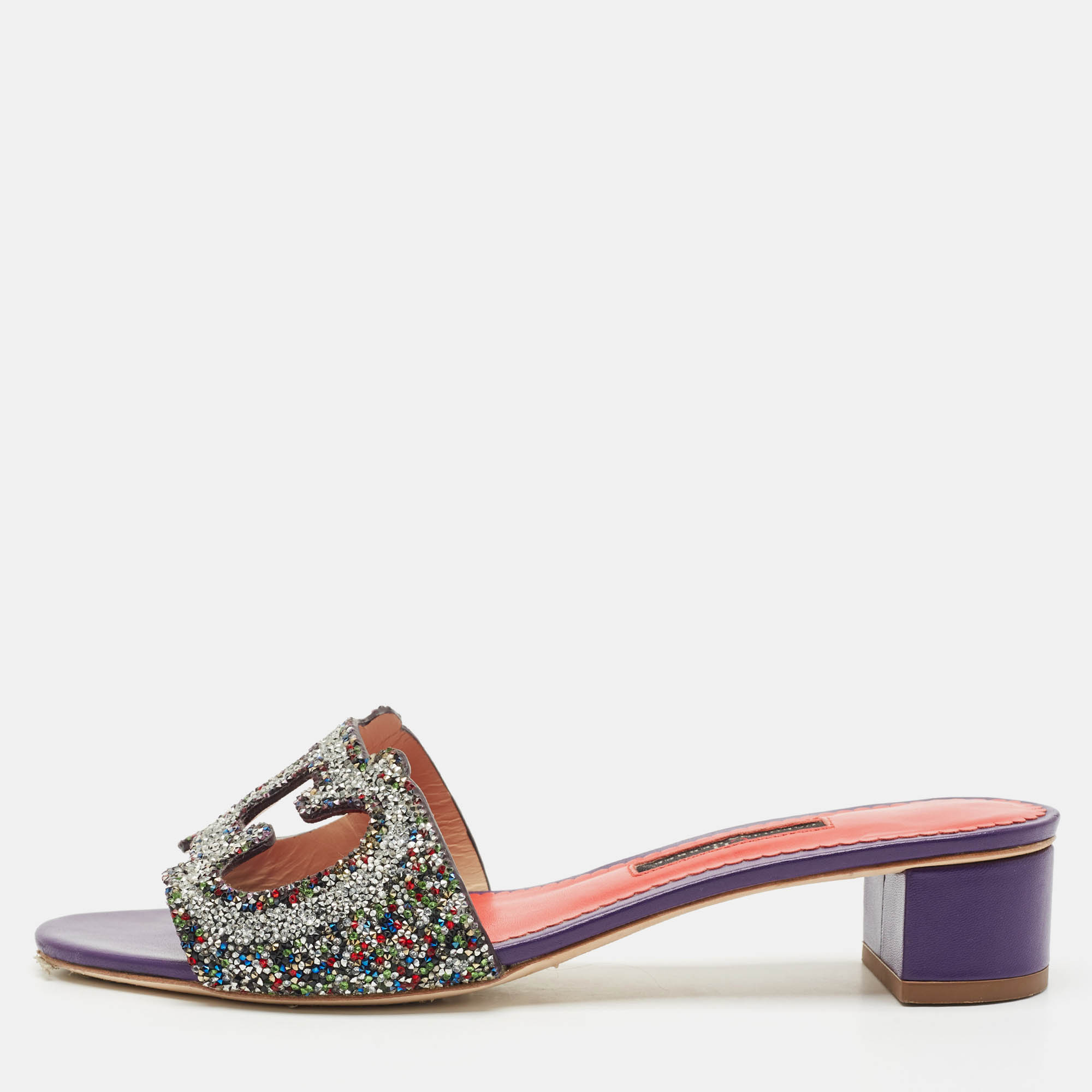 Pre-owned Carolina Herrera Purple Glitter And Leather Slide Sandals Size 38