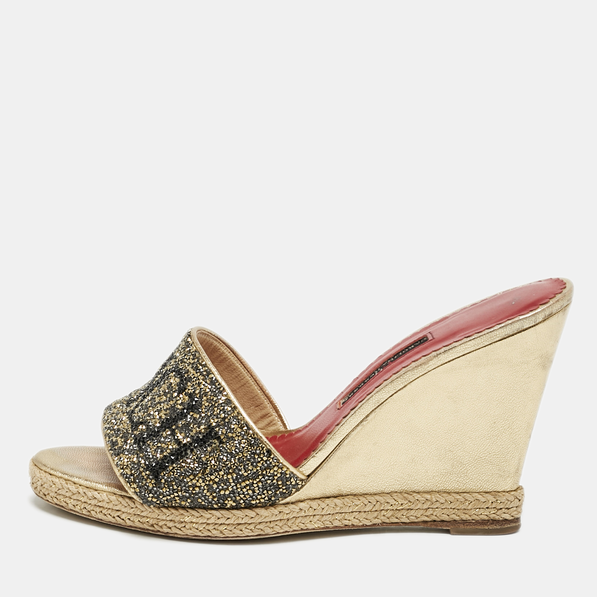 

Carolina Herrera Gold Glitter and Leather Logo Wedge Sandals Size