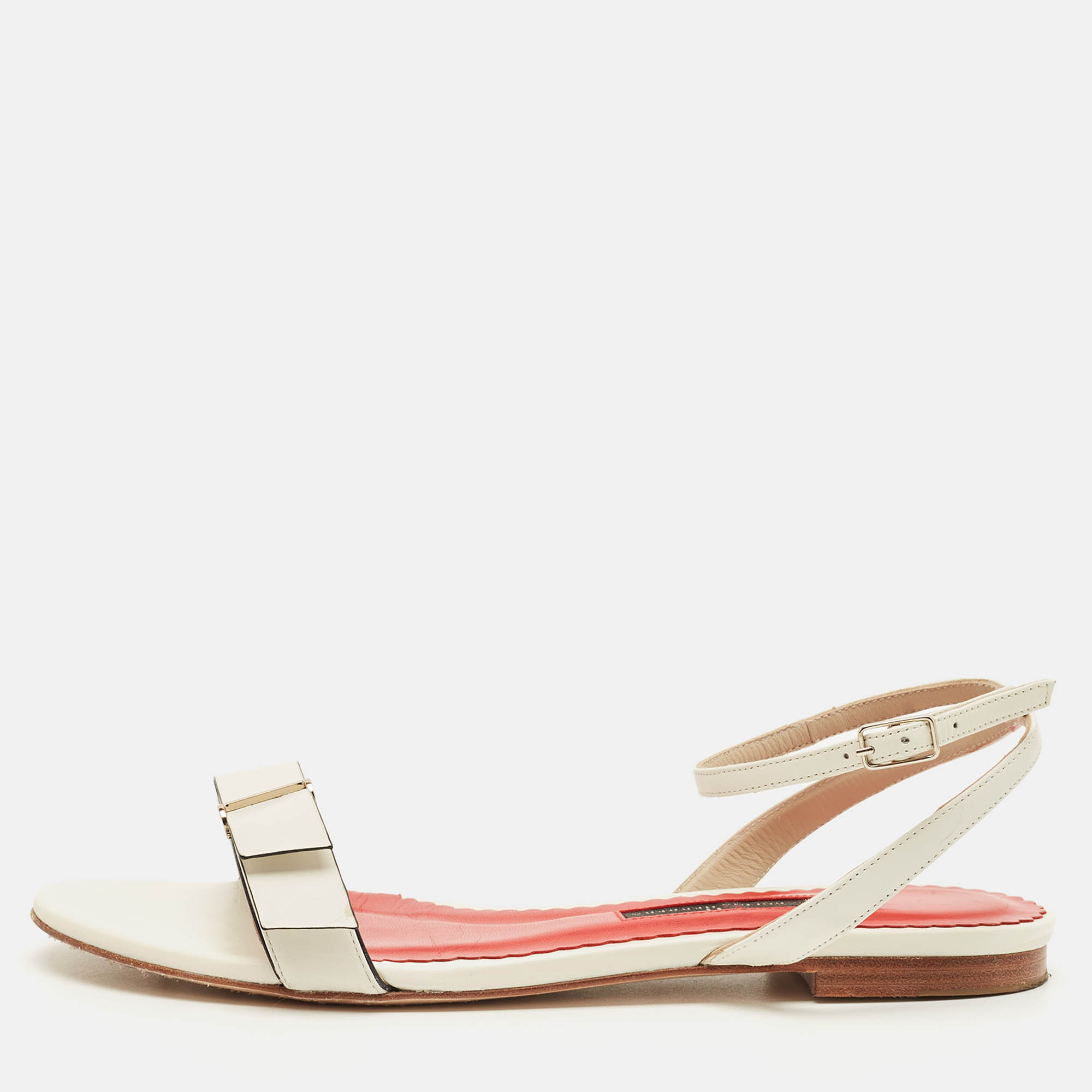 Pre-owned Carolina Herrera Bow Size 37 White Leather Ankle Strap Flat Sandals