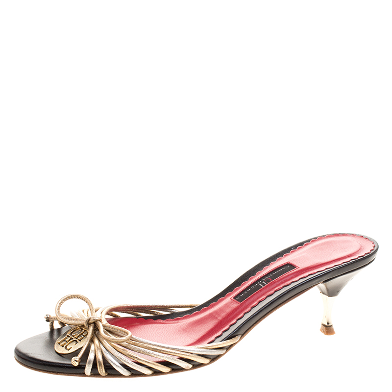 Pre Owned Carolina Herrera Metallic Gold and Silver Cord Leather Bow Slides Size 39