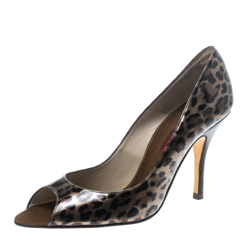 Pre Owned Carolina Herrera Leopard Print Leather Peep Toe Pumps Size 39