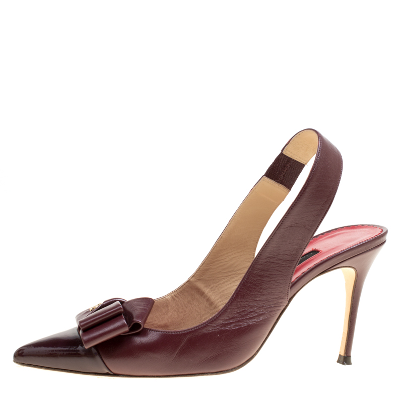 

Carolina Herrera Burgundy Leather Bow Detail Pointed Toe Slingback Sandals Size