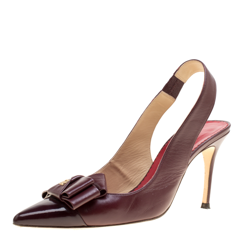 Pre Owned Carolina Herrera Burgundy Leather Bow Detail Pointed Toe Slingback Sandals Size 40