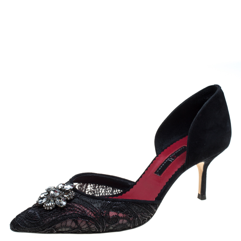 Carolina Herrera Black Lace Crystal Embellished D'orsay Pumps Size 38