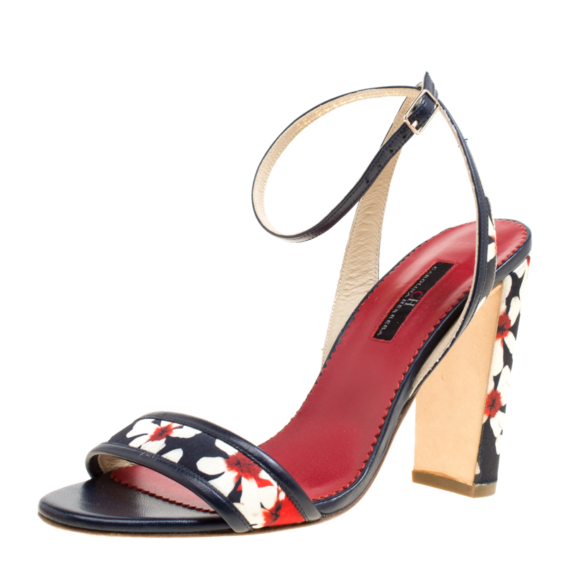 Carolina Herrera Blue Multicolor Floral Printed Fabric and Leather Ankle Strap Sandals Size 39