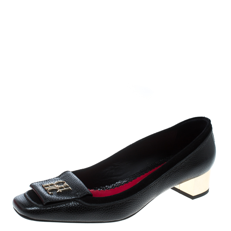 Pre Owned Carolina Herrera Black Leather and Suede Logo Detail Square Toe Pumps Size 38