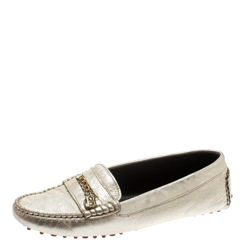 Pre Owned CH Carolina Herrera Metallic Gold Leather Moccasins Size 41