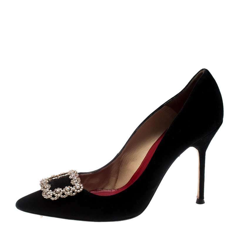 

Carolina Herrera Black Suede Crystal Embellished Pointed Toe Pumps Size