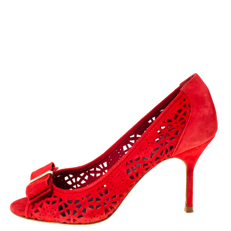 

Carolina Herrera Red Lasercut Suede Bow Peep Toe Pumps Size