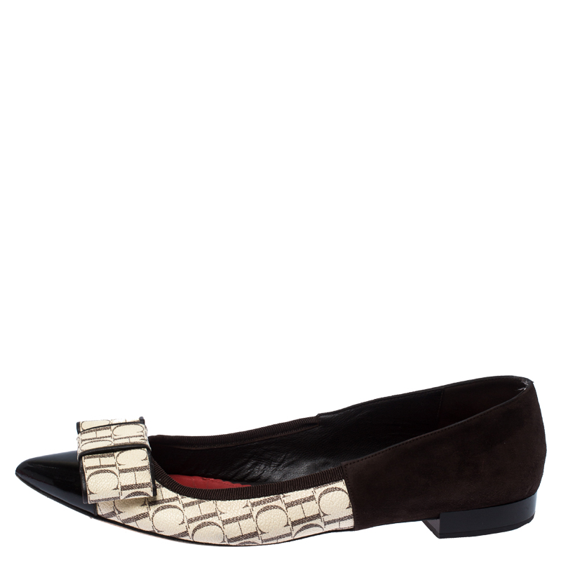 

Carolina Herrera Dark Brown/Beige Suede and PVC Bow Pointed Toe Ballet Flats Size